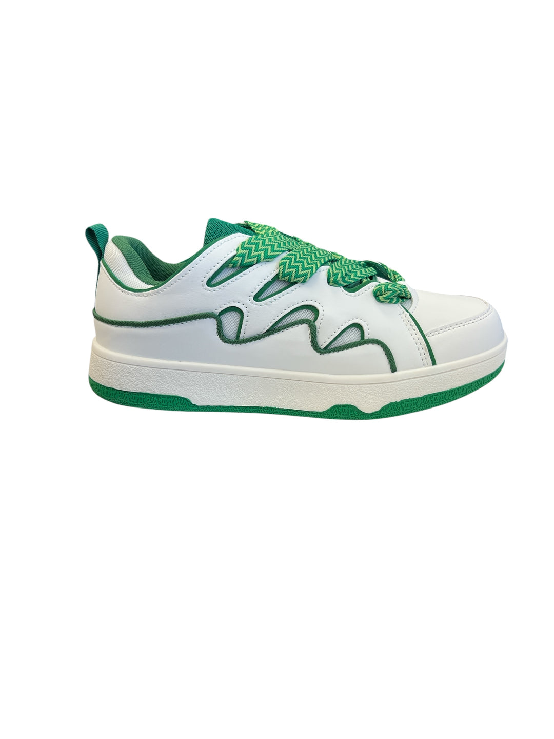 Green and white sneakers with a bold wave design, chunky platform sole, and zigzag laces — sporty, stylish, and standout.
