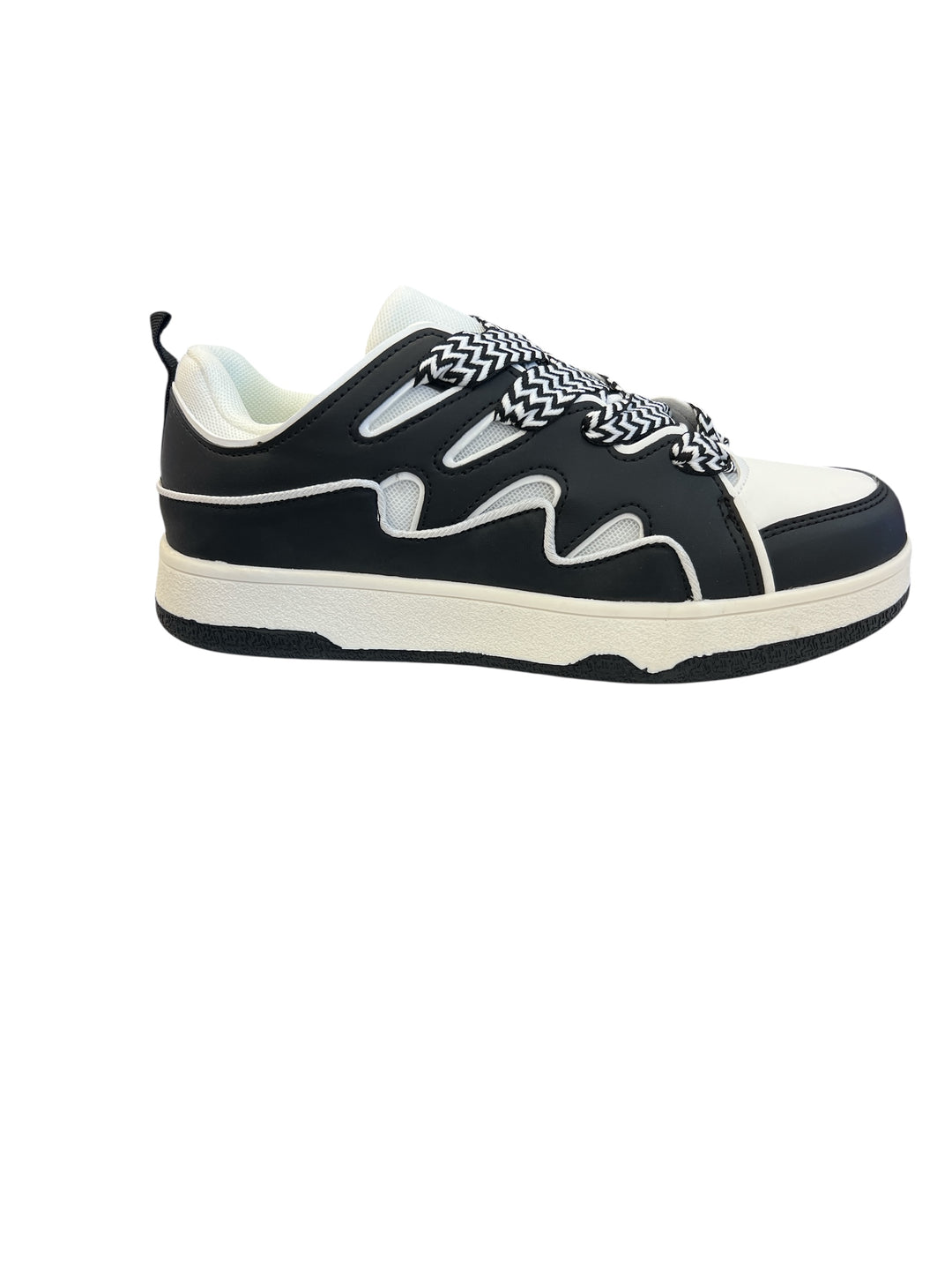 Black and white sneakers with a bold wave design, thick platform sole, and zigzag laces — modern, sporty, and edgy.