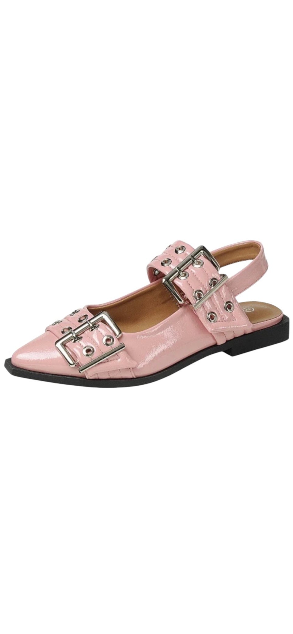 Pink pointed-toe flats with bold silver double buckle straps and a slingback backstrap, combining vibrant color with edgy charm.