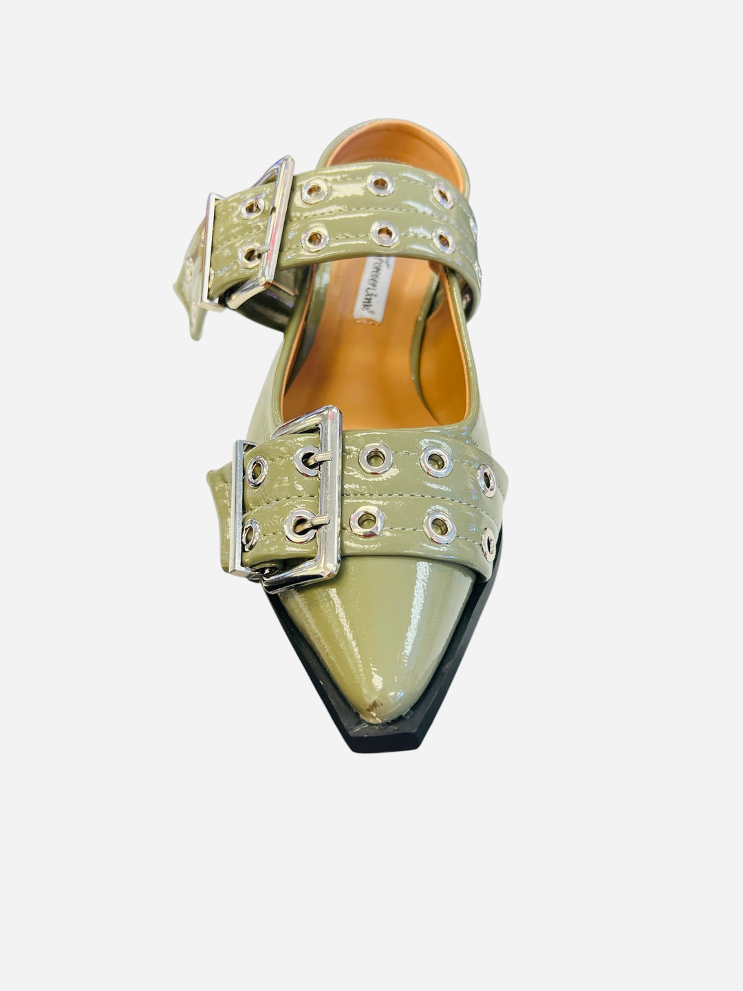 Olive pointed-toe flats with bold silver double buckle straps and a slingback backstrap, combining vibrant color with edgy charm.