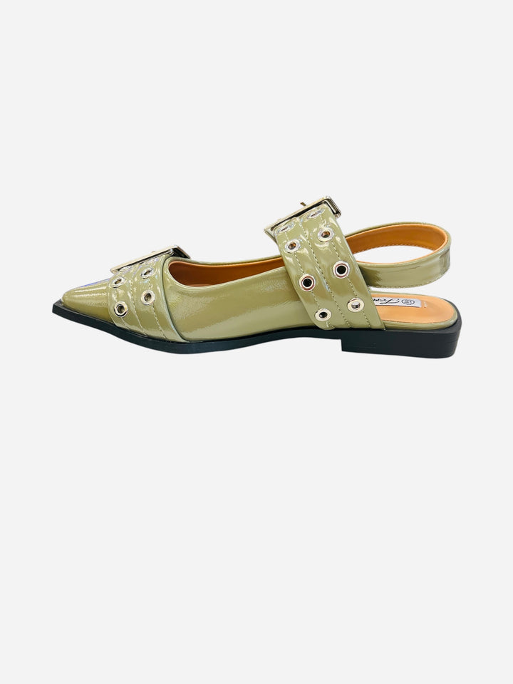 Olive pointed-toe flats with bold silver double buckle straps and a slingback backstrap, combining vibrant color with edgy charm.