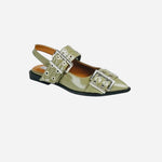 Olive pointed-toe flats with bold silver double buckle straps and a slingback backstrap, combining vibrant color with edgy charm.
