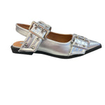 Silver pointed-toe flats with bold silver double buckle straps and a slingback backstrap, combining vibrant color with edgy charm.