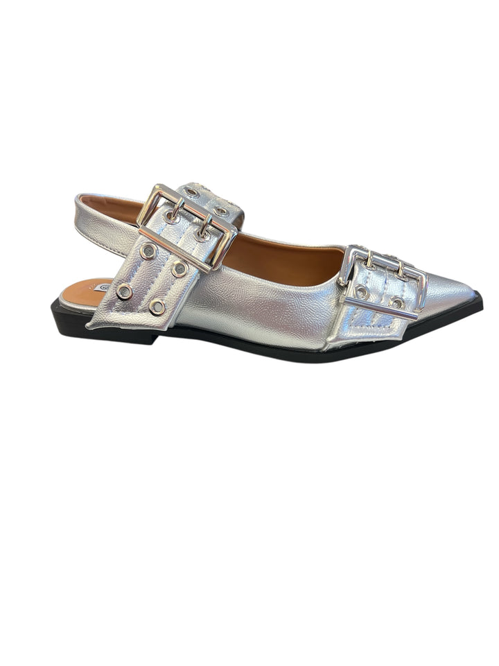 Silver pointed-toe flats with bold silver double buckle straps and a slingback backstrap, combining vibrant color with edgy charm.