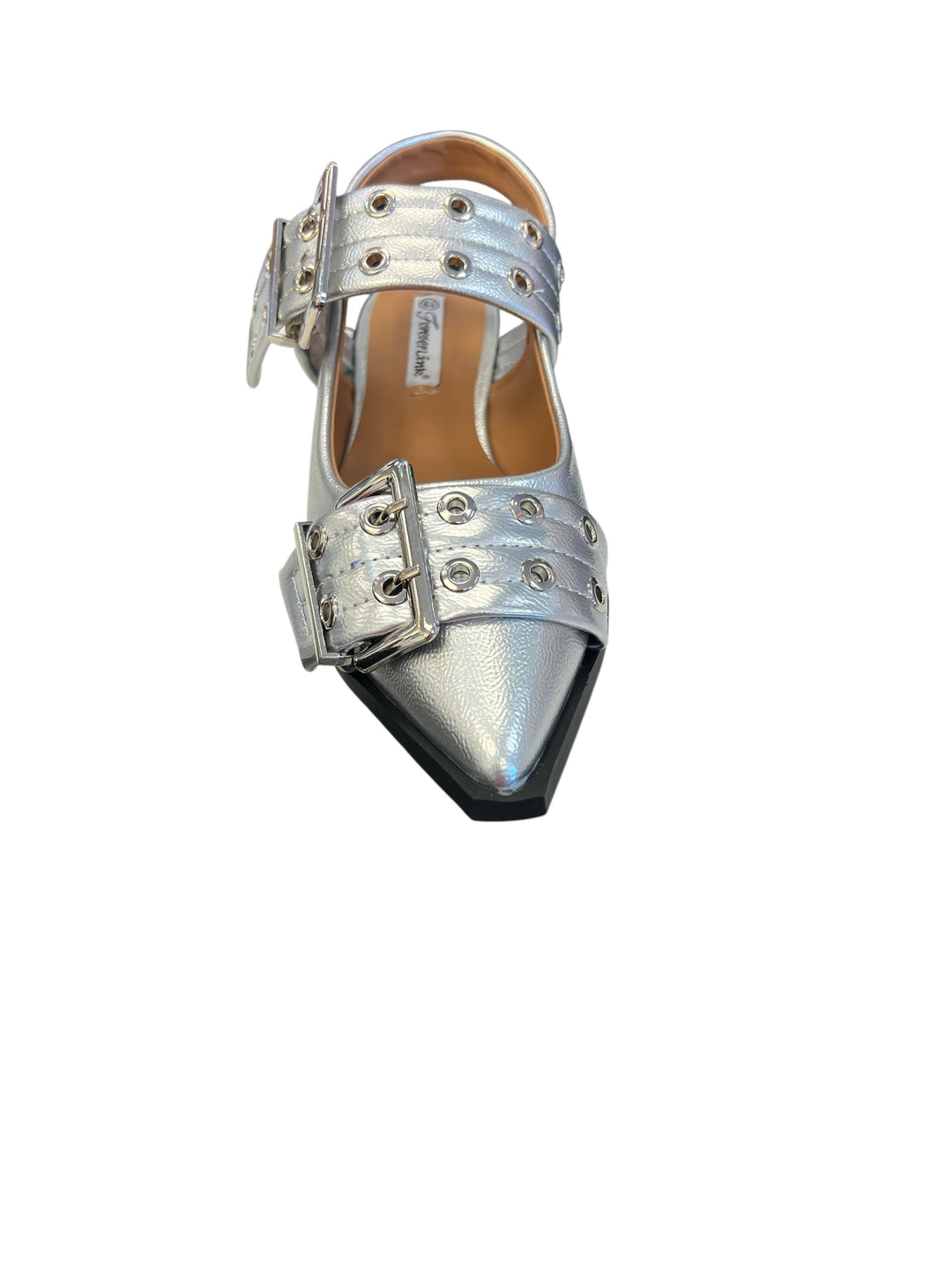 Silver pointed-toe flats with bold silver double buckle straps and a slingback backstrap, combining vibrant color with edgy charm.