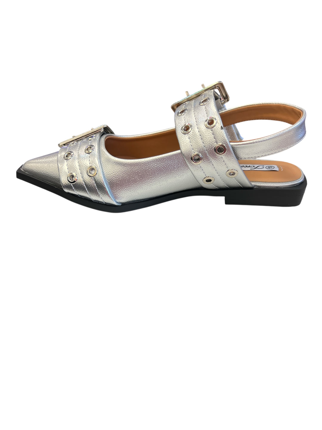 Silver pointed-toe flats with bold silver double buckle straps and a slingback backstrap, combining vibrant color with edgy charm.