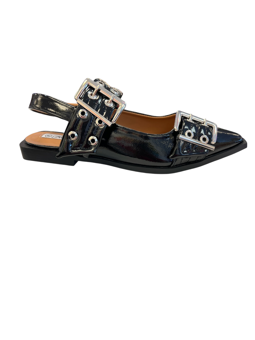 Black pointed-toe flats with bold silver double buckle straps and a slingback backstrap, combining vibrant color with edgy charm.
