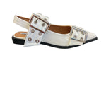 White pointed-toe flats with bold silver double buckle straps and a slingback backstrap, combining vibrant color with edgy charm.