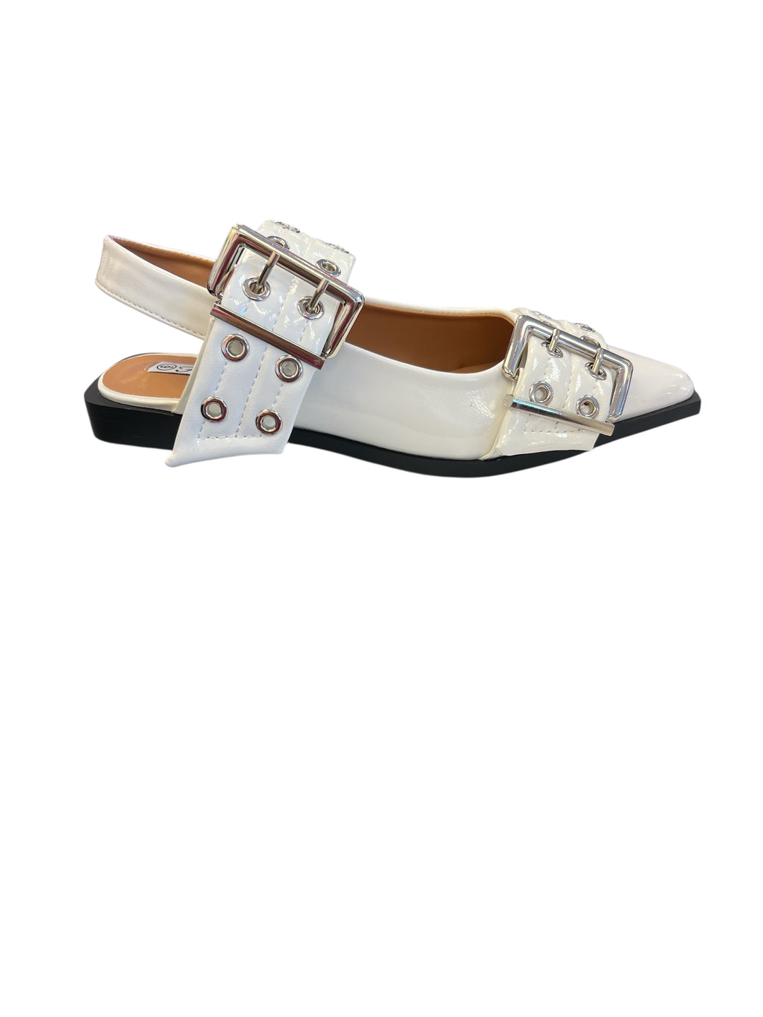 White pointed-toe flats with bold silver double buckle straps and a slingback backstrap, combining vibrant color with edgy charm.