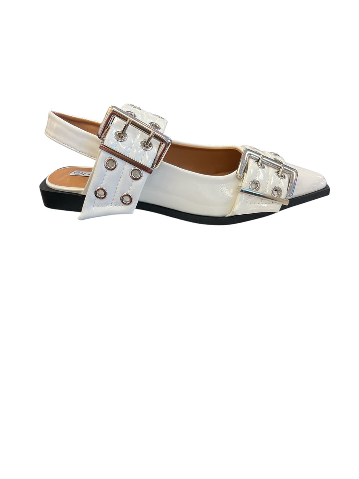 White pointed-toe flats with bold silver double buckle straps and a slingback backstrap, combining vibrant color with edgy charm.