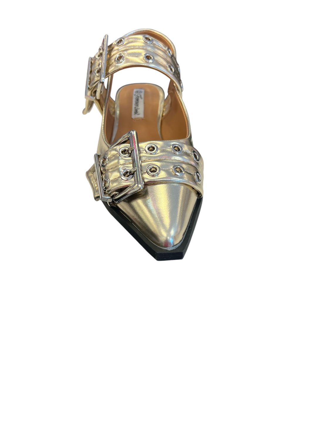 Gold pointed-toe flats with bold silver double buckle straps and a slingback backstrap, combining vibrant color with edgy charm.
