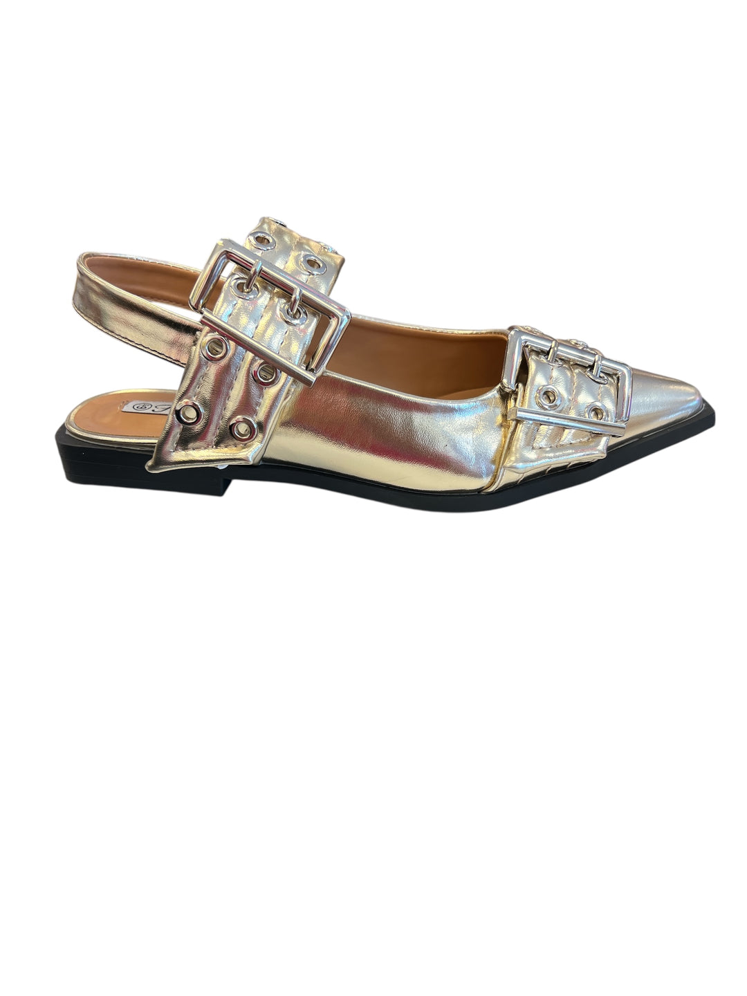Gold pointed-toe flats with bold silver double buckle straps and a slingback backstrap, combining vibrant color with edgy charm.