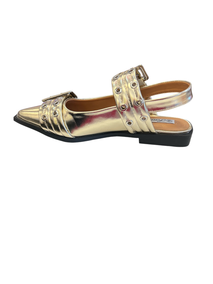 Gold pointed-toe flats with bold silver double buckle straps and a slingback backstrap, combining vibrant color with edgy charm.