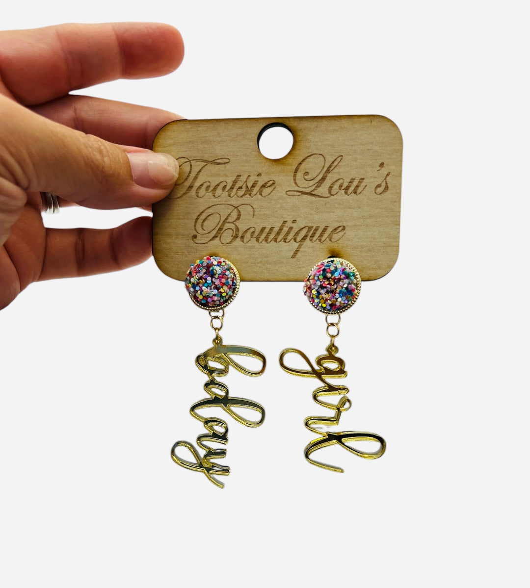 Festive Bday Girl dangle earrings with sparkly confetti stud and shiny gold script lettering.