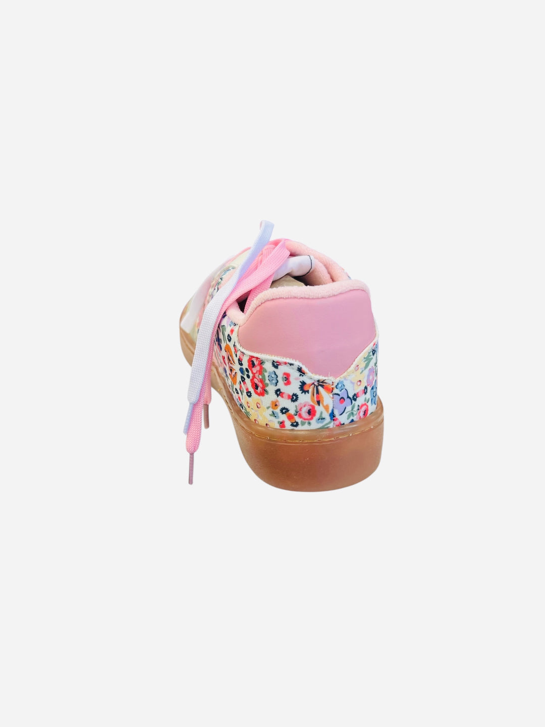 Brown and white sneakers with pink laces and a floral print design.