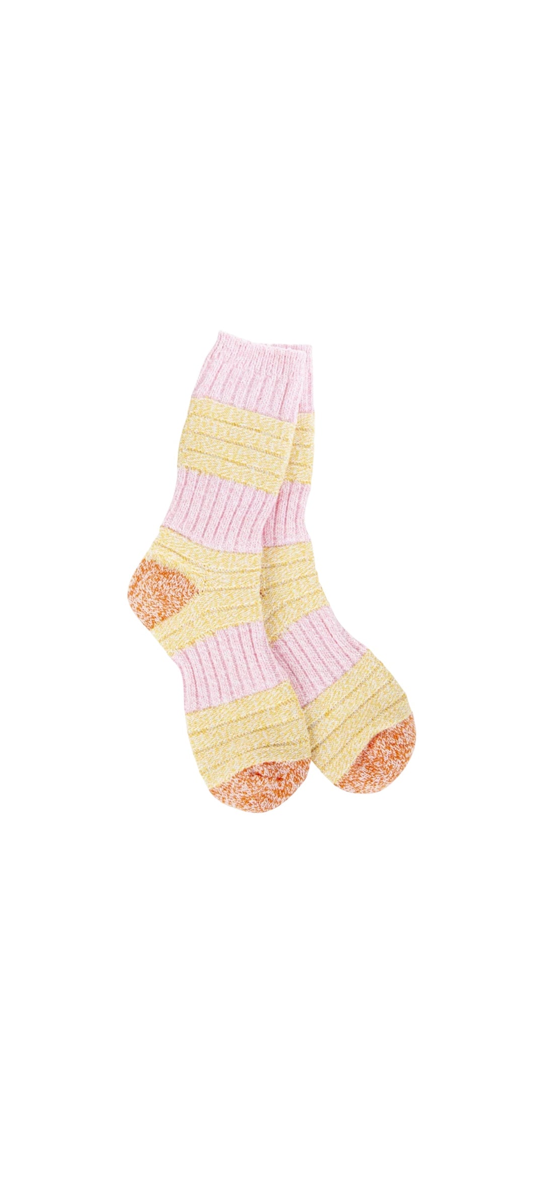 A pair of plush, ribbed-knit crew socks with a horizontal stripe pattern in pastel pink, yellow, and honey. The socks feature a solid-colored, contrasting heel and toe.