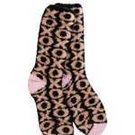 A pair of plush, soft crew socks featuring a bold leopard print pattern in black and peach.