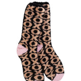A pair of plush, soft crew socks featuring a bold leopard print pattern in black and peach.
