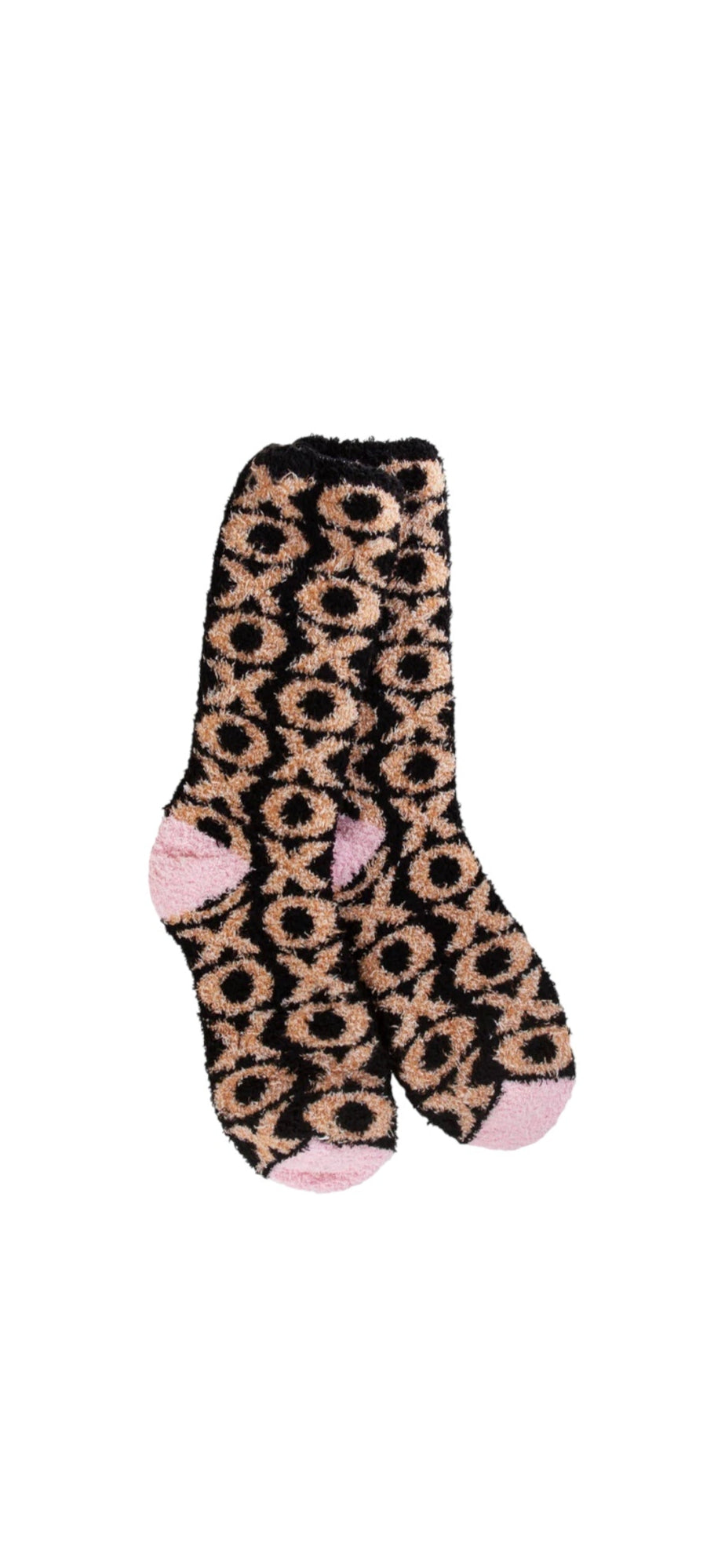 A pair of plush, soft crew socks featuring a bold leopard print pattern in black and peach.