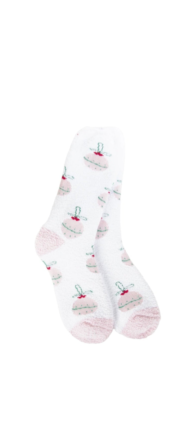A pair of plush, soft crew socks with a repeating pattern of pastel-colored Christmas ball ornaments.