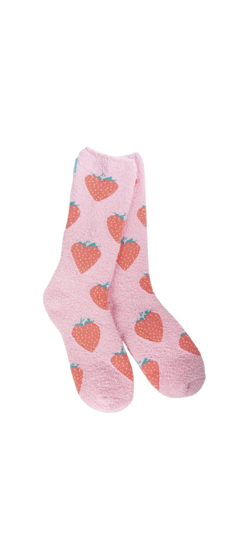A pair of plush, soft pink crew socks with a repeating all-over pattern of red strawberries.