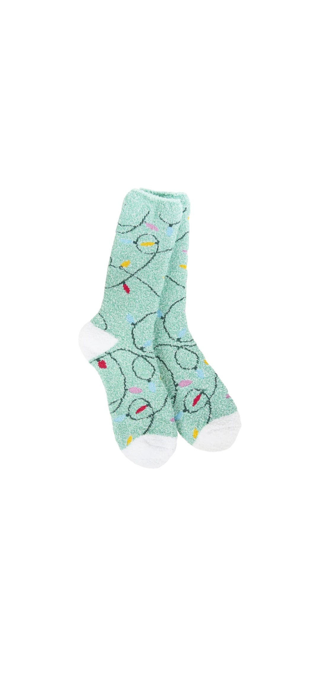 A pair of plush, soft mint green crew socks with a repeating pattern of colorful Christmas string lights.
