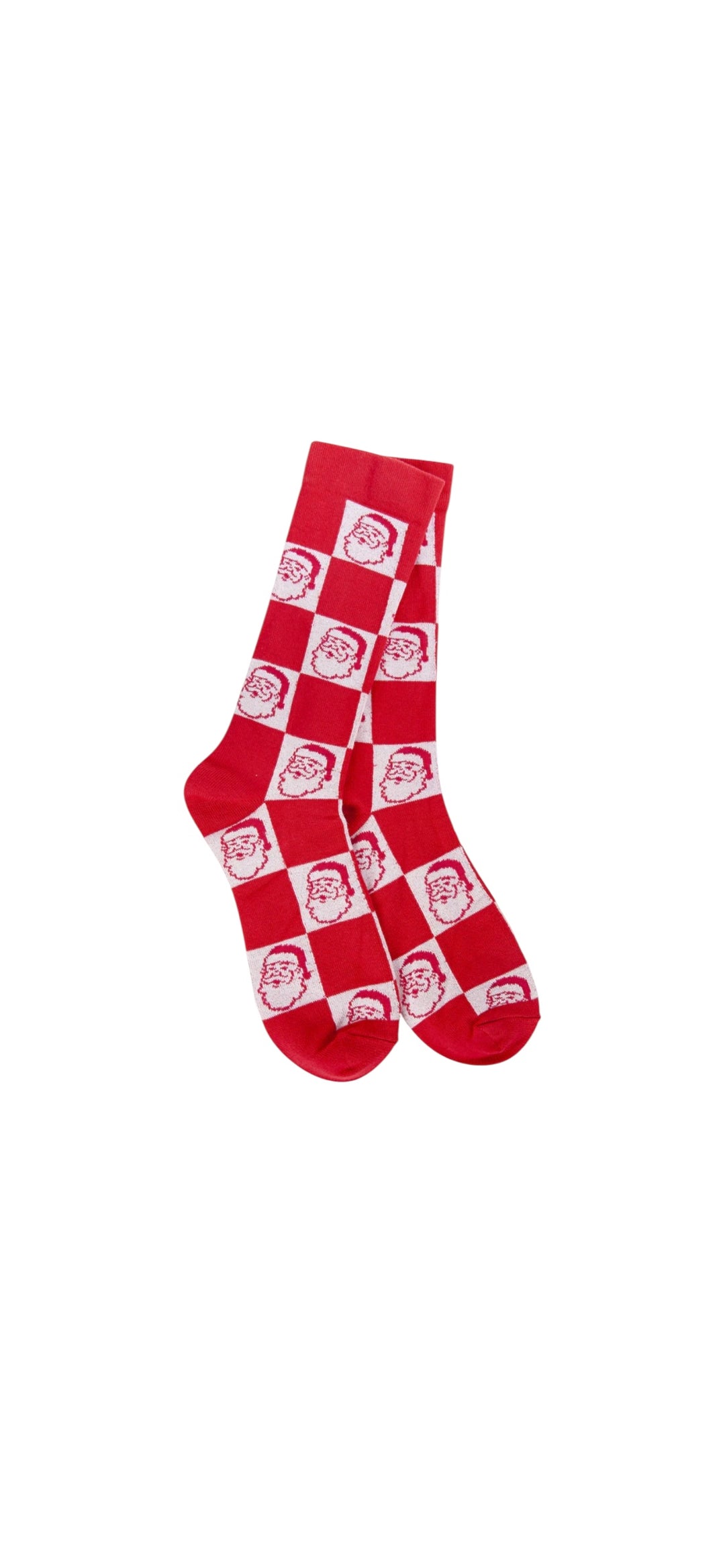 A pair of plush, soft crew socks with a red and white checkerboard pattern. Inside the white squares, there is a repeating pattern of Santa Claus faces.
