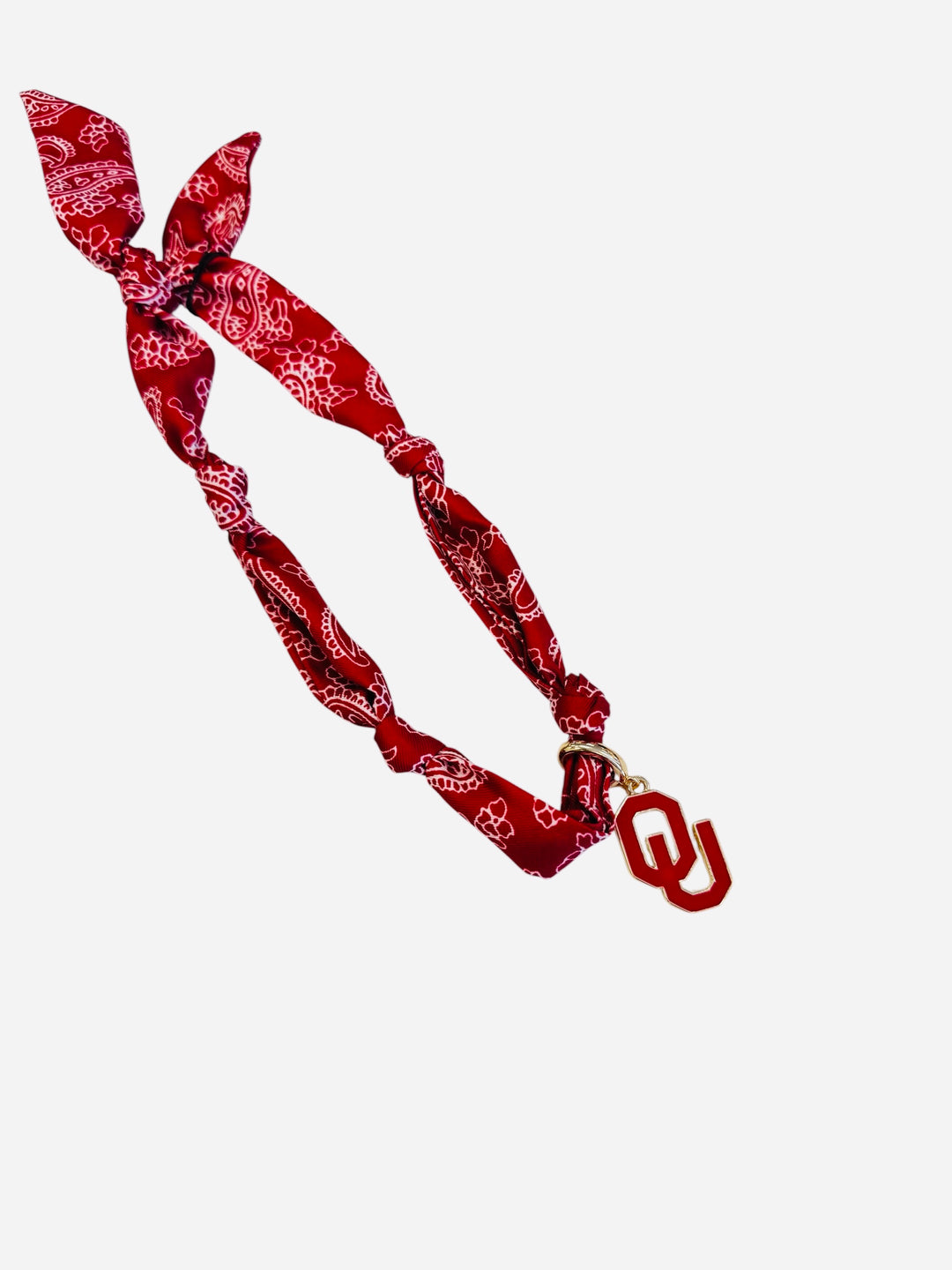 A bandana scarf-style necklace featuring the Oklahoma Sooners "OU" logo charm at the center.