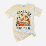 Graphic tee with Santa in shades, presents, boombox, and "Gangsta Wrapper" text.