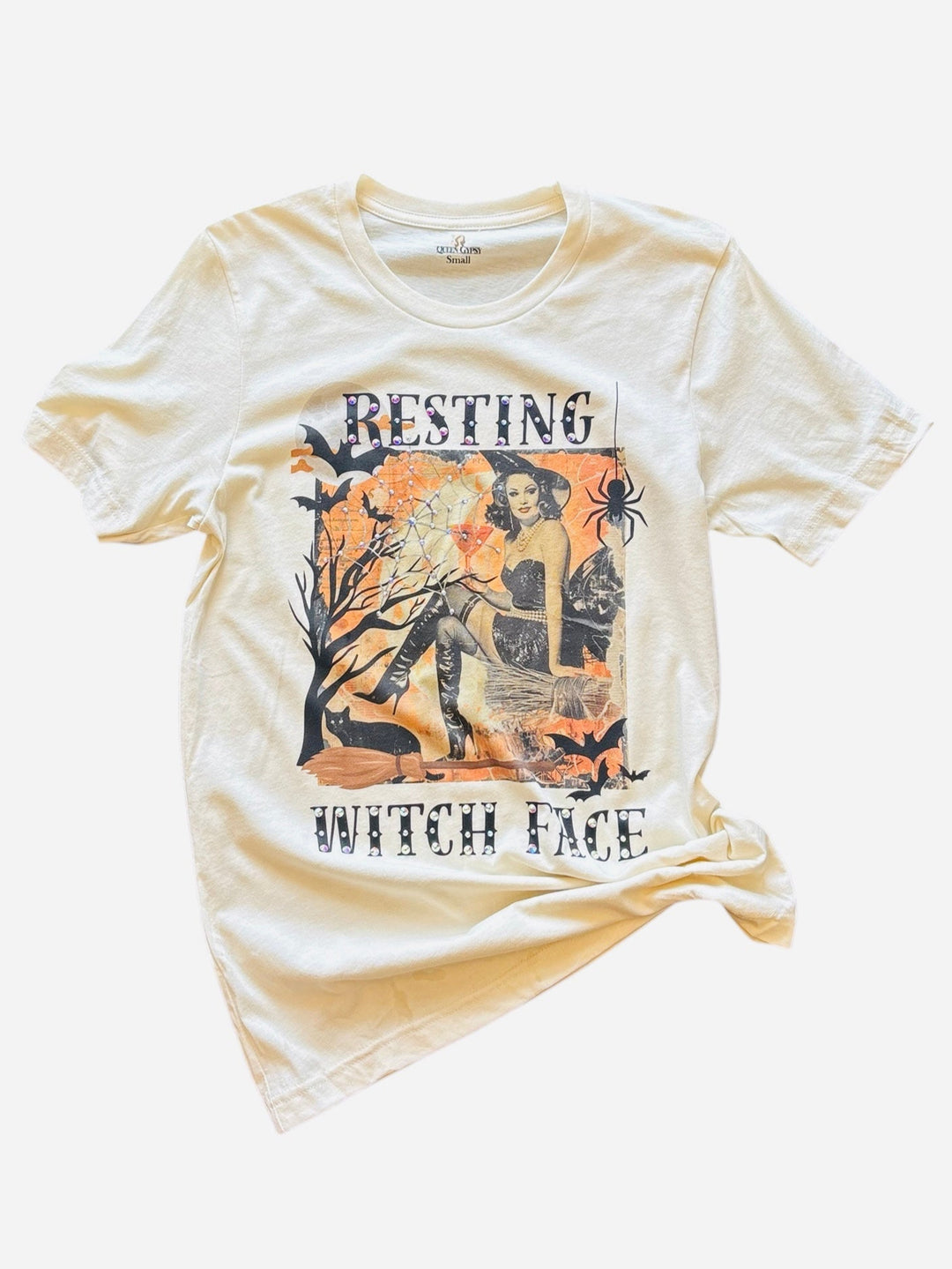 Halloween graphic tee with vintage witch, bats, pumpkins, and bling "Resting Witch Face" text.