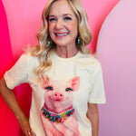 Ivory tee with pig graphic and rhinestone embellished collar detail