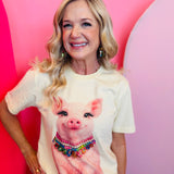Ivory tee with pig graphic and rhinestone embellished collar detail