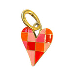 Pink checkered heart charm with coral and red enamel clips onto scarves or necklaces.