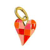 Pink checkered heart charm with coral and red enamel clips onto scarves or necklaces.