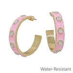 Pink and cream 2 inch hoop earrings, water resistant and lightweight.