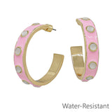 Pink and cream 2 inch hoop earrings, water resistant and lightweight.