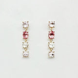 Pink crystal drop stud earrings with light pink, dark pink, and clear stones, 1.5-inch length.