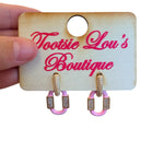 Pink enamel oval geometric earrings with gold-plated hoops and subtle rhinestone accents, lightweight and chic