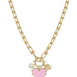Gold chain necklace with pink enamel studded heart charm, adjustable length, and water-resistant design.
