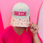 Pink bride hat with 3D embroidery and floral print bill