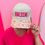 Pink bride hat with 3D embroidery and floral print bill