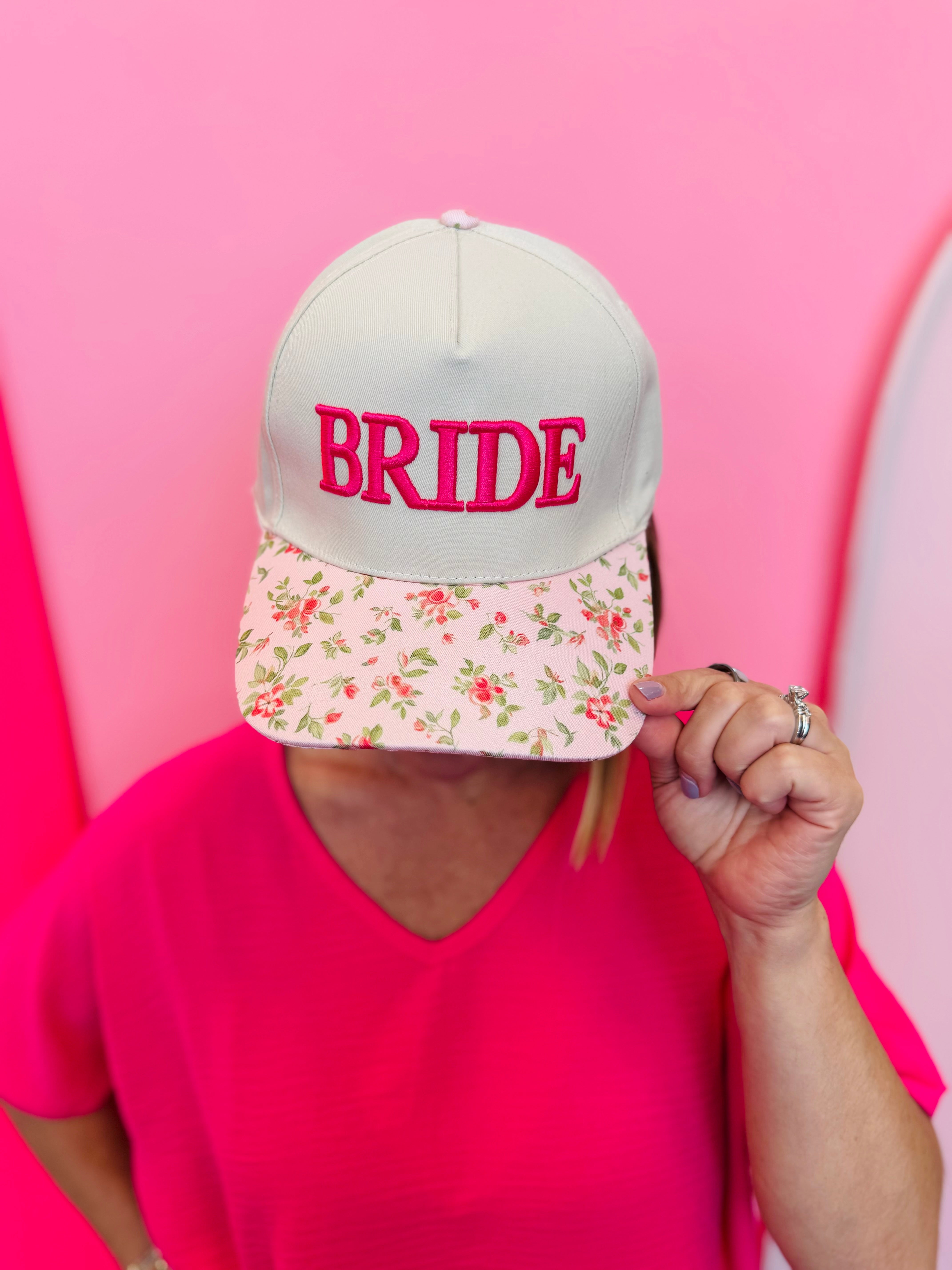 Pink bride hat with 3D embroidery and floral print bill