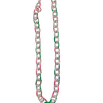 Pink and green enamel link chain necklace in silver or gold finish.