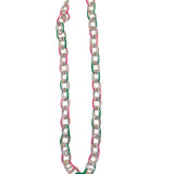 Pink and green enamel link chain necklace in silver or gold finish.