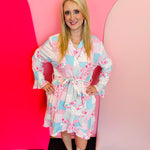 Pink Heirloom Patchwork Robe, lightweight ribbed wrap robe with tie belt, long sleeves, flared hem