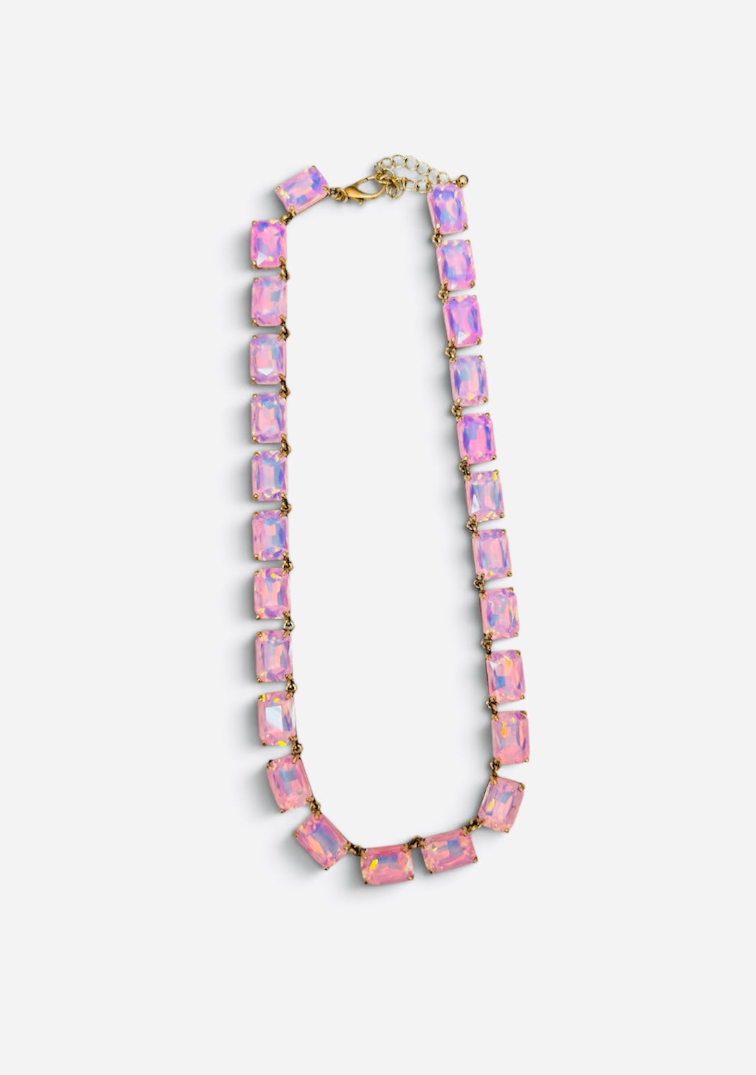Pink crystal necklace with faceted rectangular stones and shimmering iridescent finish.