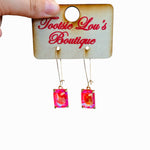Pink Iridescent Rectangle Dangle Earrings – faceted hot pink gemstone on gold-tone hooks