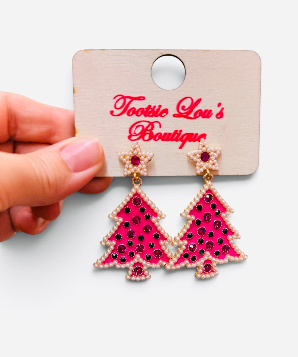 Pink Christmas tree earrings with green crystals, pearl trim, and pearl star studs.