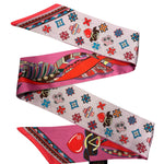 Pink double sided scarf tie with colorful leaf pattern and bougee accent design
