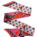 Pink double sided scarf tie with colorful leaf pattern and bougee accent design